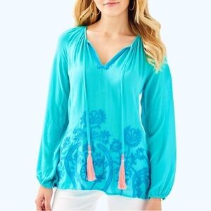 Lilly Pulitzer Willa Embroidered Top Size S Aqua Blue Long Sleeve Tassels